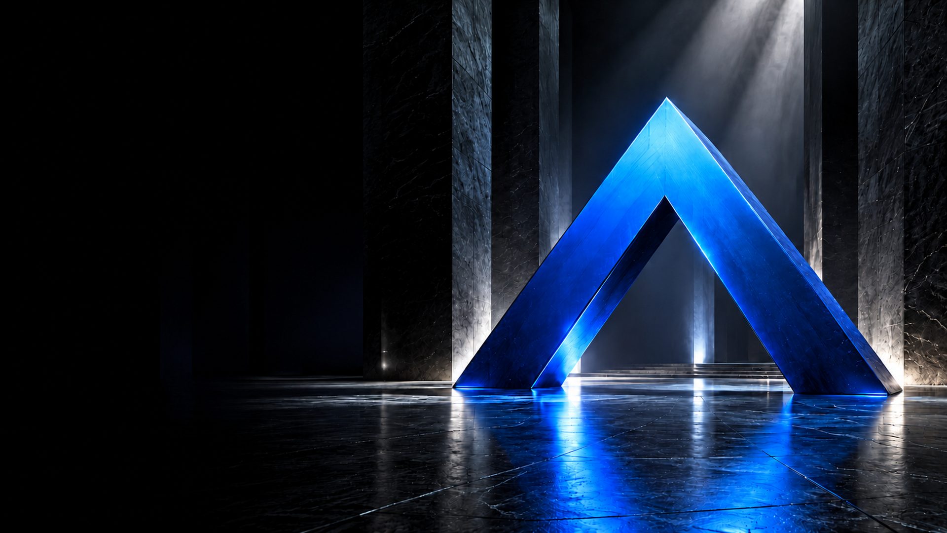 A cobalt chevron standing in a dark stone hall under a shaft of light. Illustrative image.