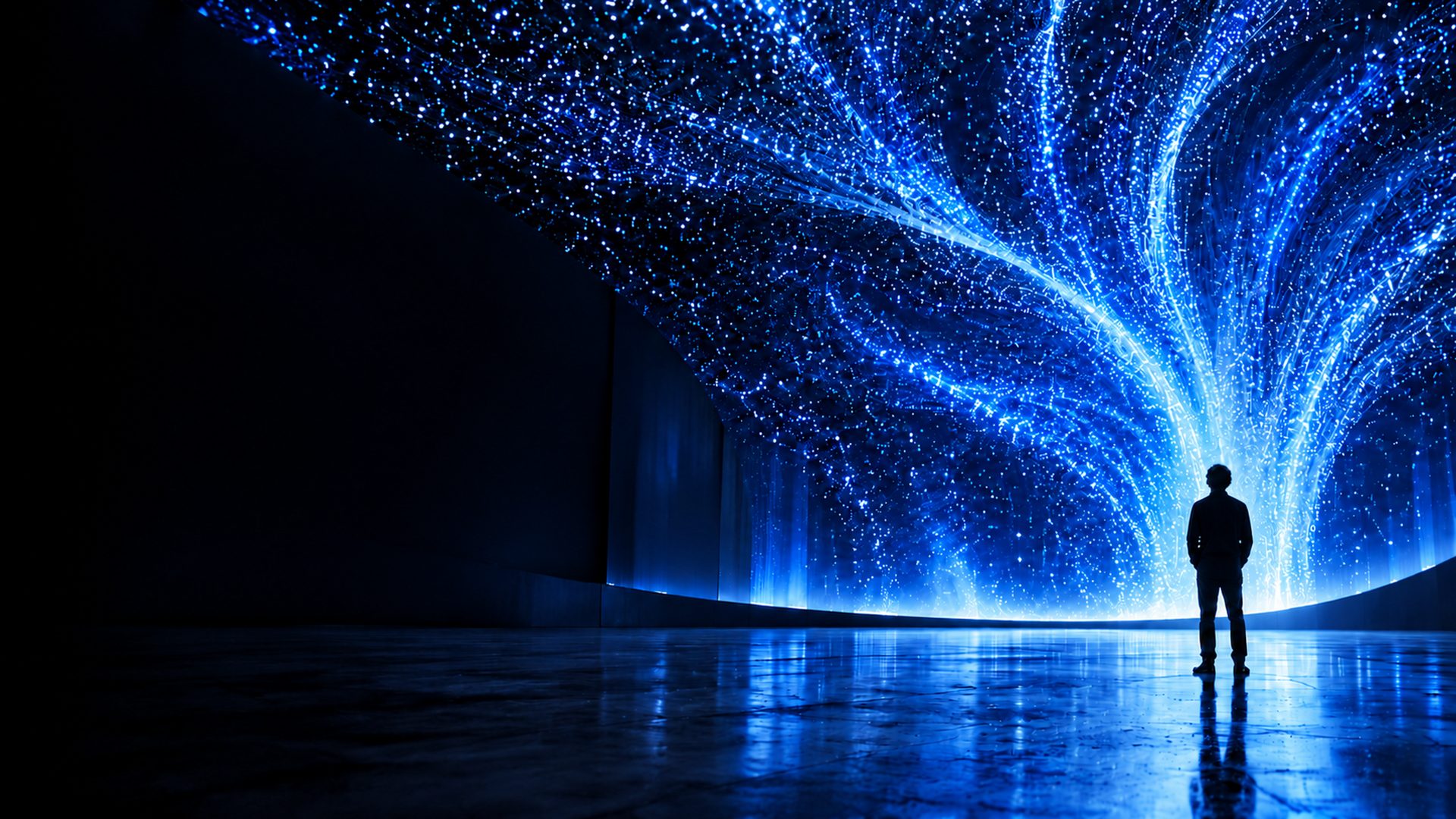 A figure standing before a wall of flowing cobalt light. Illustrative image.