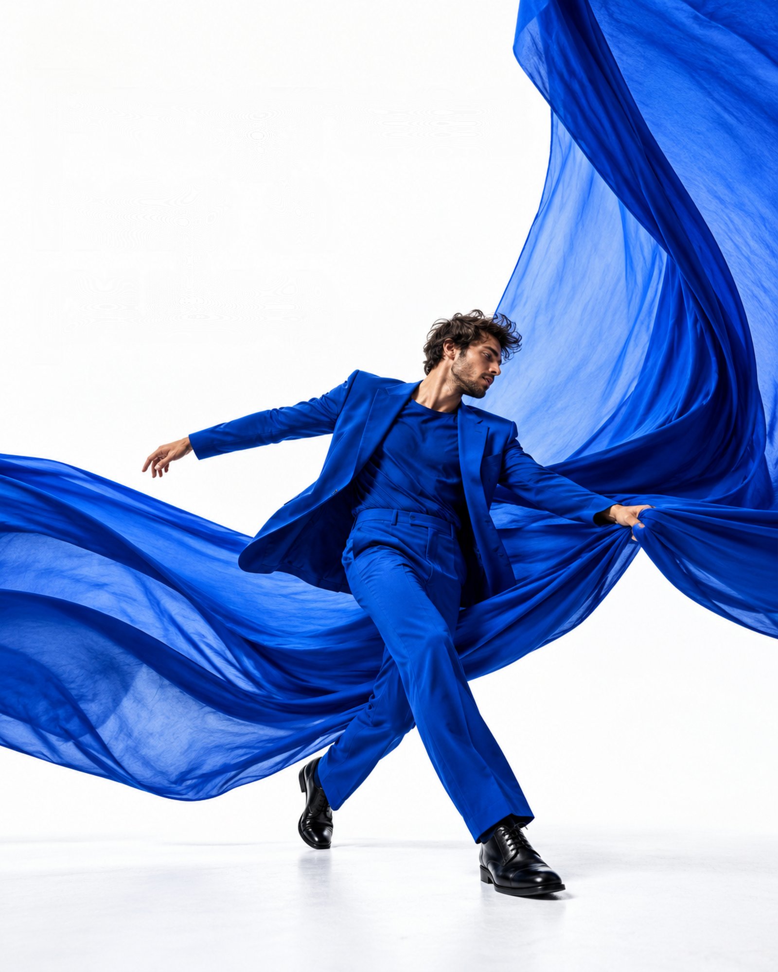 A man in a cobalt blue suit moving through a sweep of blue fabric. Illustrative image.