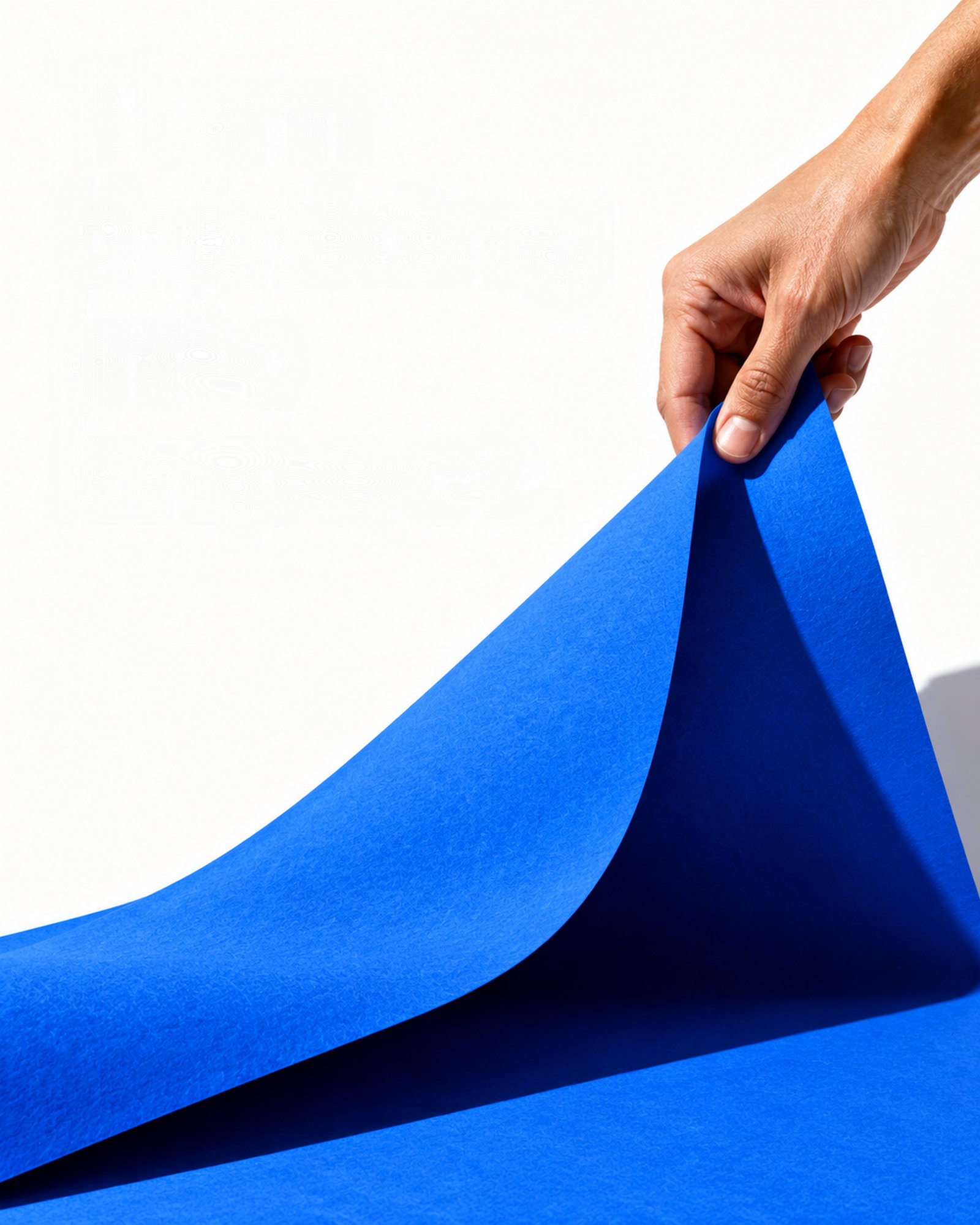 A hand lifting the corner of a large cobalt blue sheet. Illustrative image.