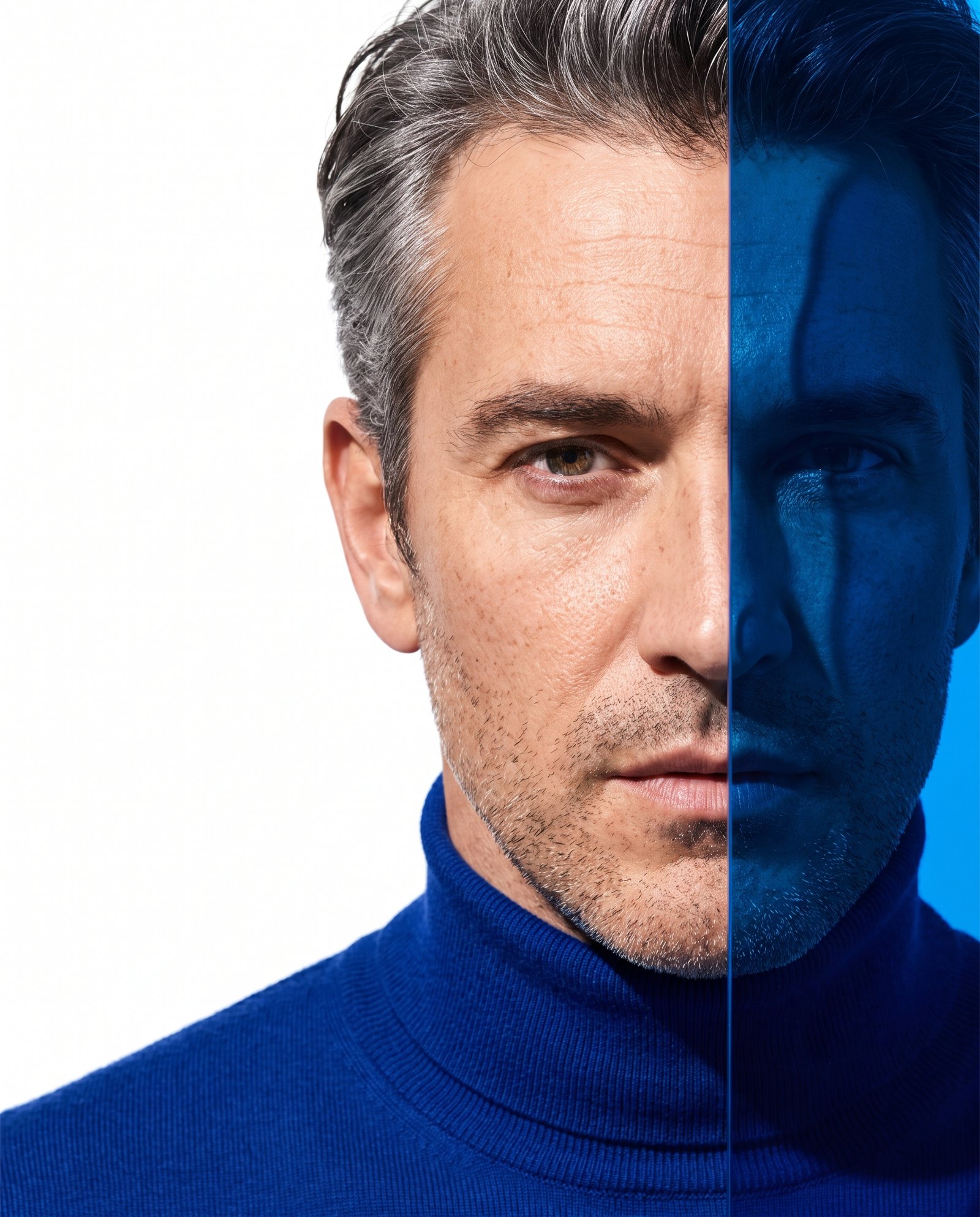 Close portrait of a man, half his face seen as a reflection in cobalt blue mirrored glass. Illustrative image.