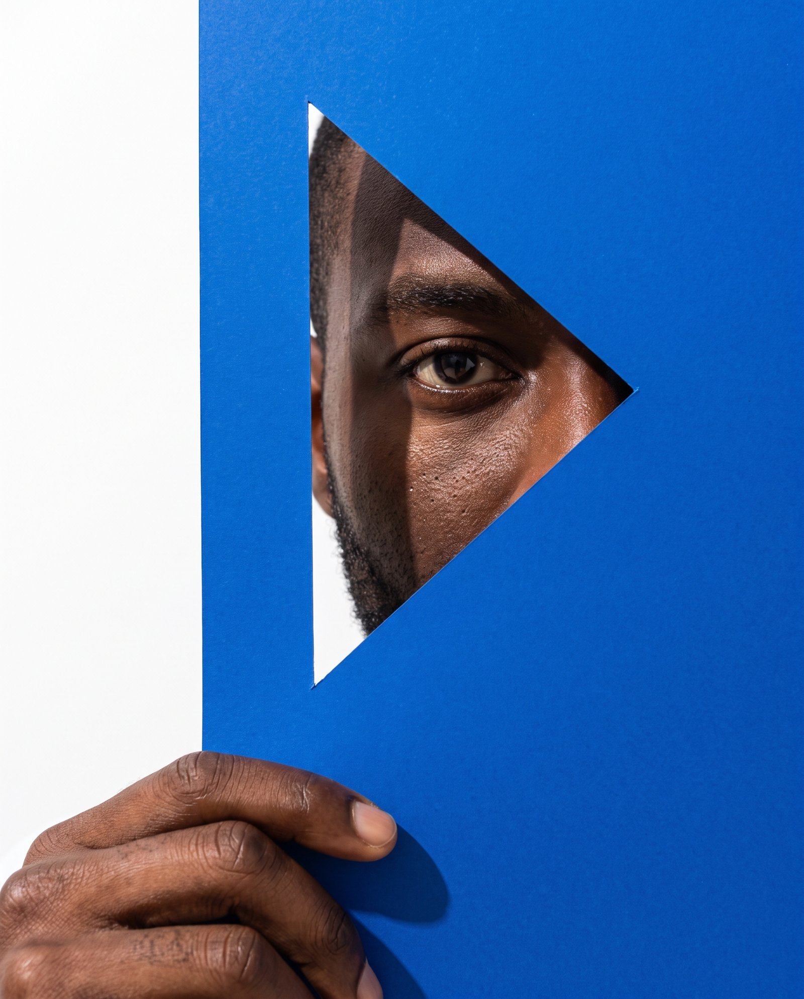 A man looking with one eye through a triangular opening cut in a cobalt blue sheet. Illustrative image.