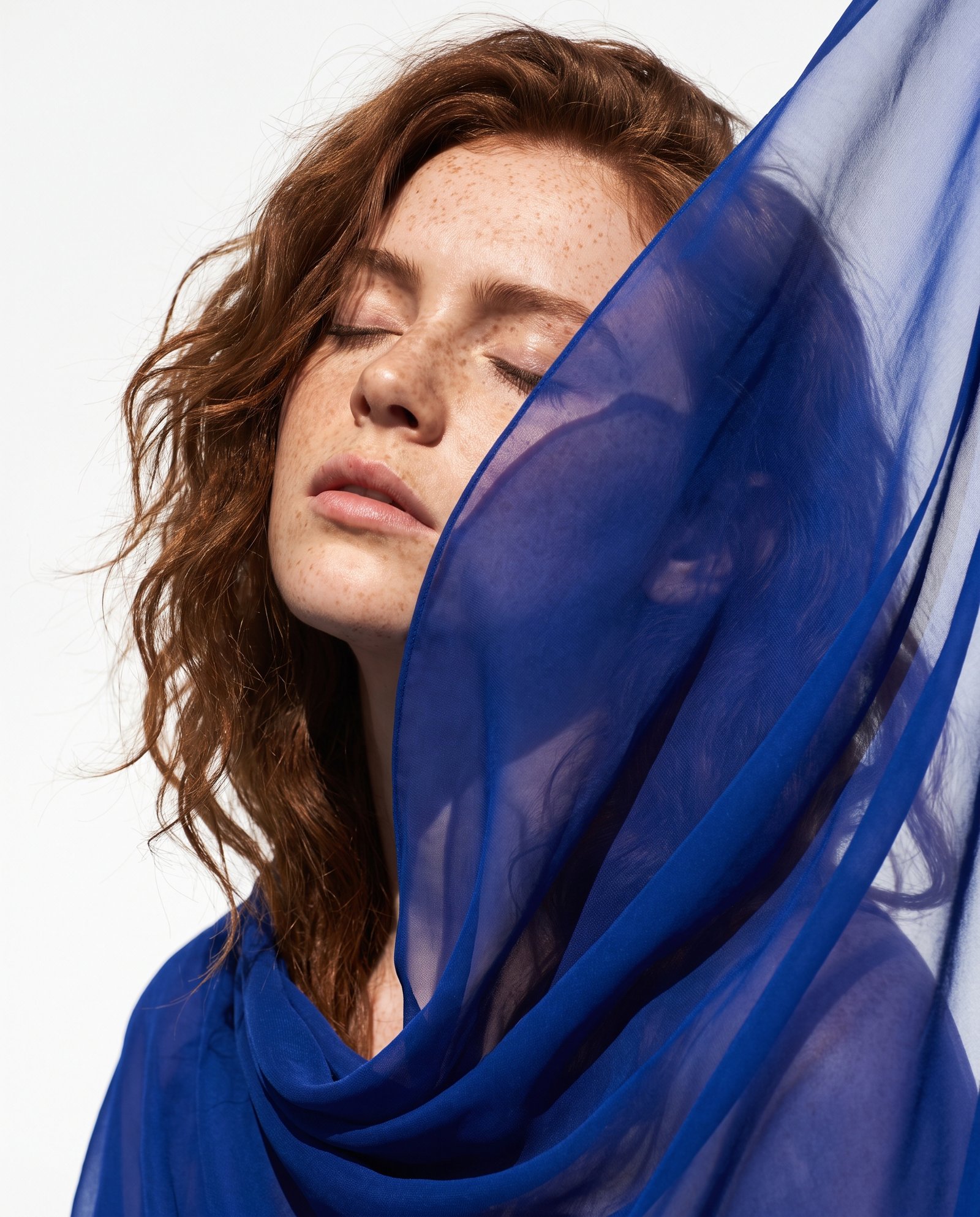 Close portrait of a woman with translucent cobalt blue silk blowing across her face. Illustrative image.