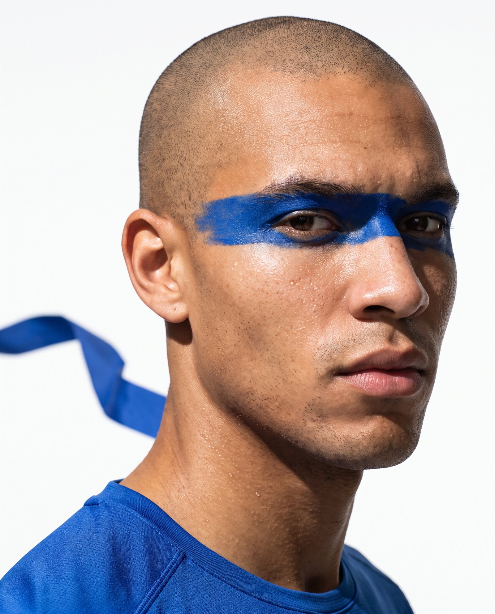 Close portrait of an athlete with a stroke of cobalt blue paint across his eyes. Illustrative image.