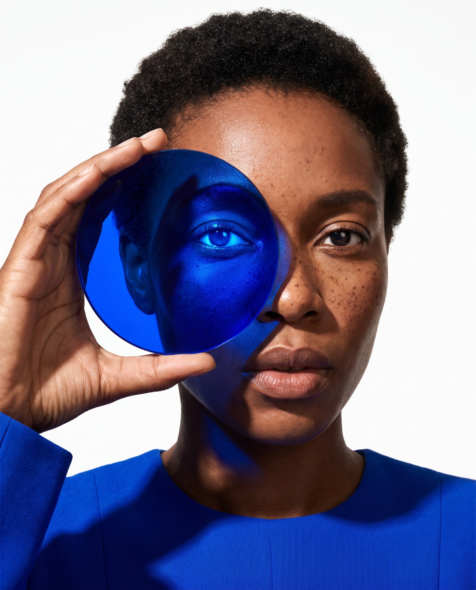 Close portrait of a woman holding a disc of cobalt blue glass over one eye. Illustrative image.