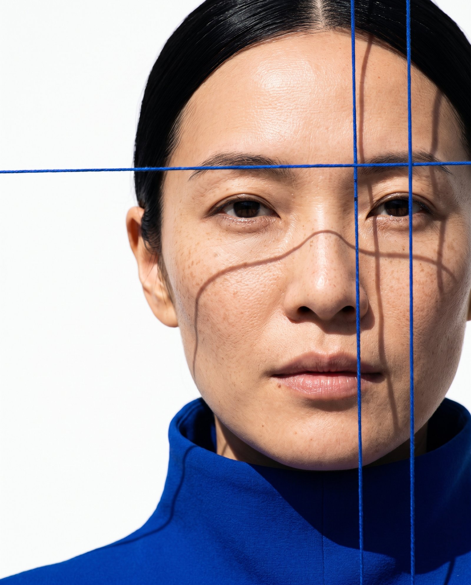 Close portrait of a woman behind a grid of taut cobalt blue threads. Illustrative image.